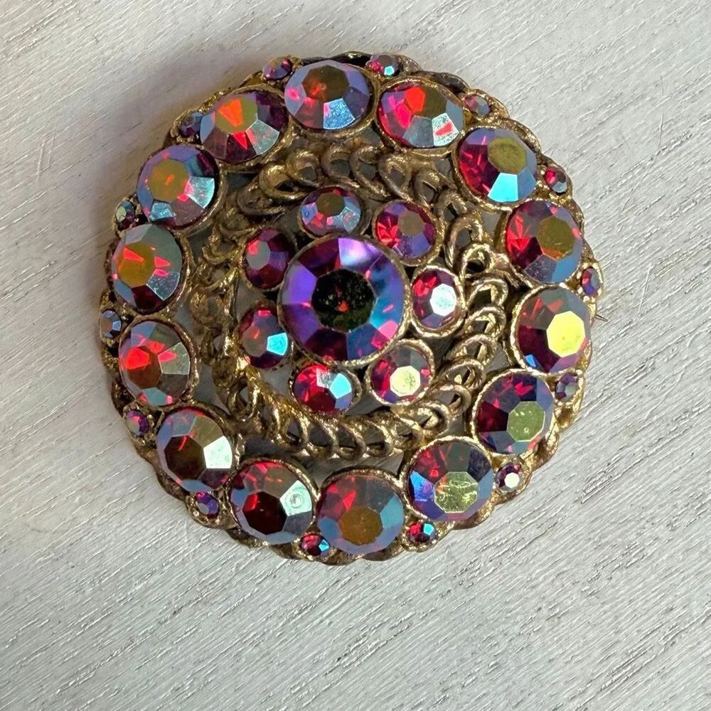 Vintage Red Aurora Borealis Rhinestone Brooch